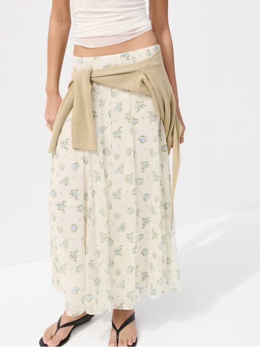 Mango Cream Maxi Skirt with Blue Floral Print FLORAL SKIRT WITH GODETS 9066
